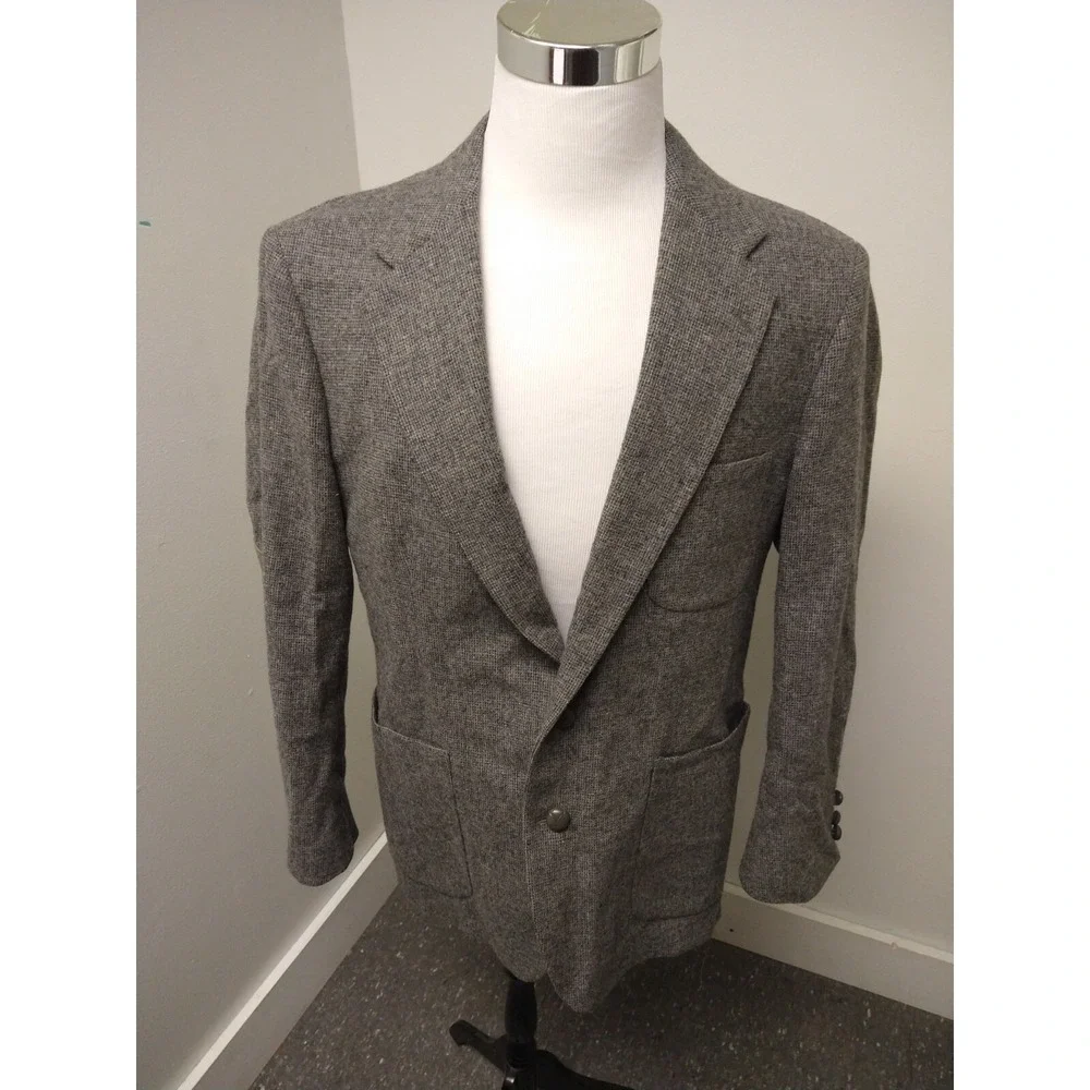 Hunt Valley Vintage Men's 44R Tweed Elbow Patches Gray Wool Blazer Jacket Coat